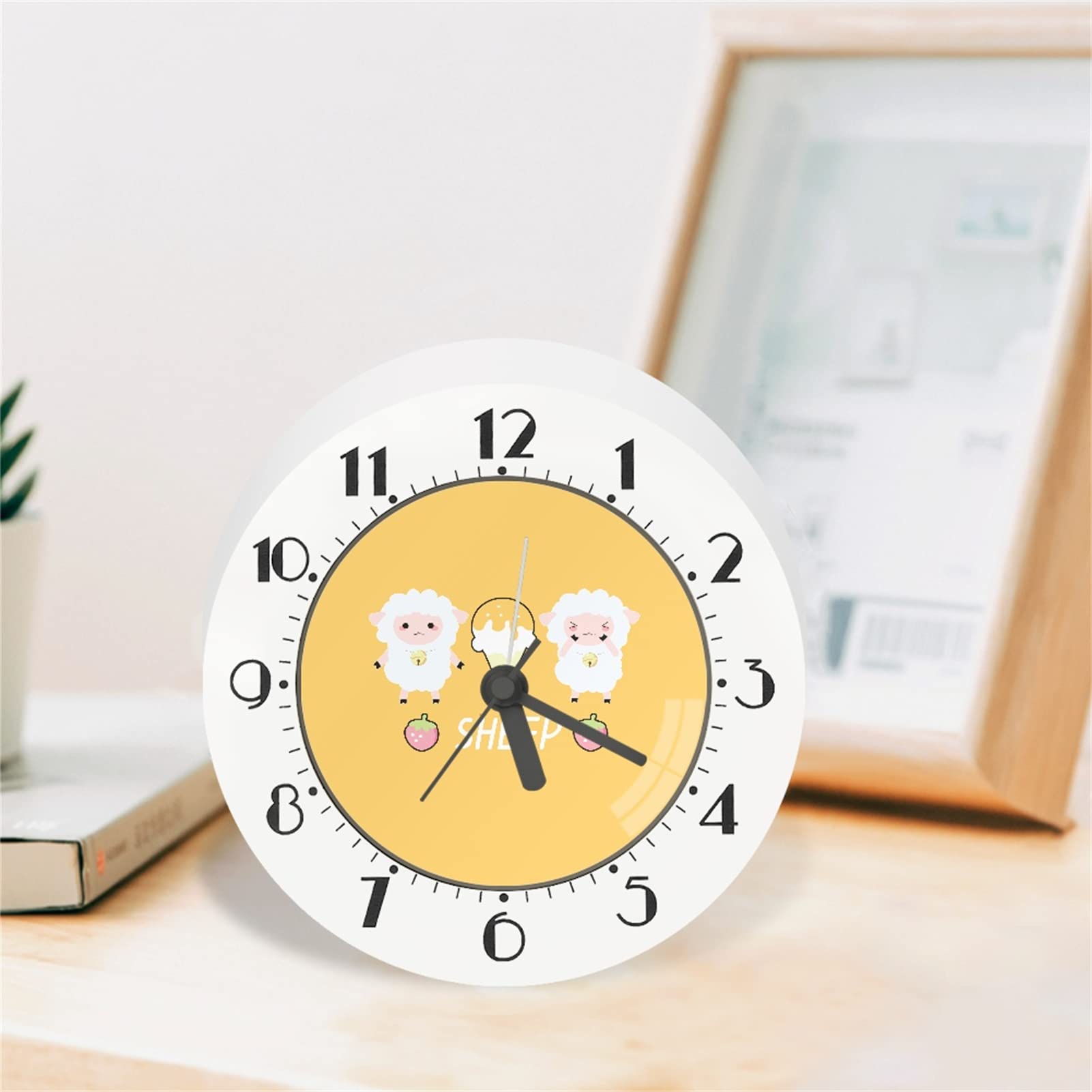 Howilath Cheese Yellow Clock for Desk, Shelf, Bedside and Wall with Cartoon Sheep Ice Cream Strawberry, Gift for Children Alarm Clock