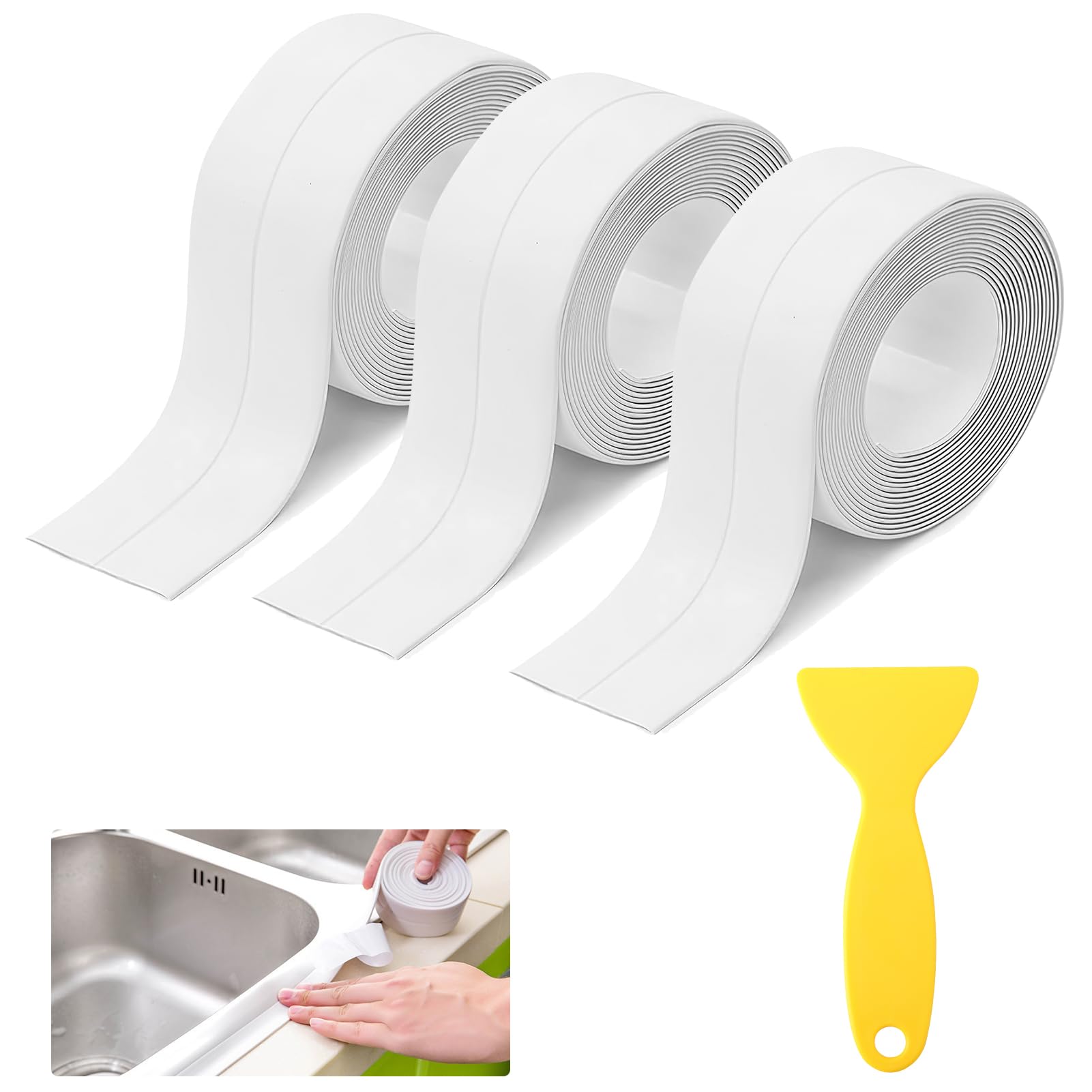 Simple Seal Bath Sealant Strip Self Adhesive, 3 Rolls Waterproof Caulk Strip White Bathroom Sealing Tape with Sealing Tool for Bathtub Toilet Shower Wall Corner Kitchen 1.5" x 10.5 FT (38 MM X 3.2M)