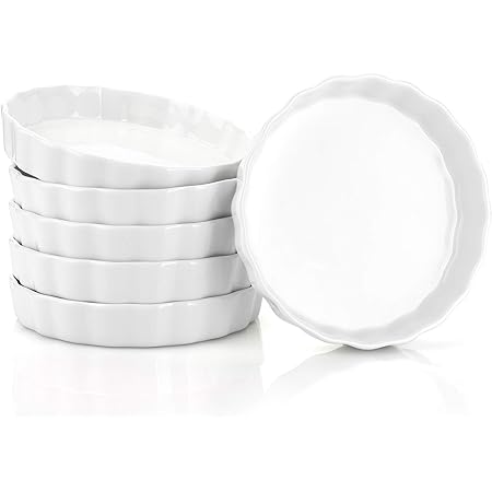 Foraineam 6 Pack 8 Ounce Porcelain Creme Brulee Ramekins Mini Fluted Quiche Dishes, 5.7 Inch Tart Pan Round Pie Plates for Baking, Dishwasher and Oven Safe