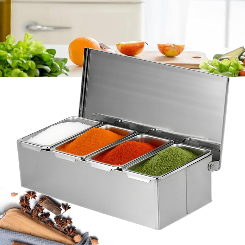 4 scomparti Condimento in acciaio inossidabile,porta condimenti Vasi per spezie Contenitore grande per condimenti con coperchio per organizzazione e conservazione degli alimenti
