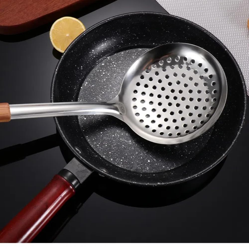 1Pcs Stainless Steel Skimmer Slotted Spoon, 14.5 inch Long Slotted Ladle Heat Resistant Colander with Wooden Handle Kitchen Utensils for Cooking, Frying