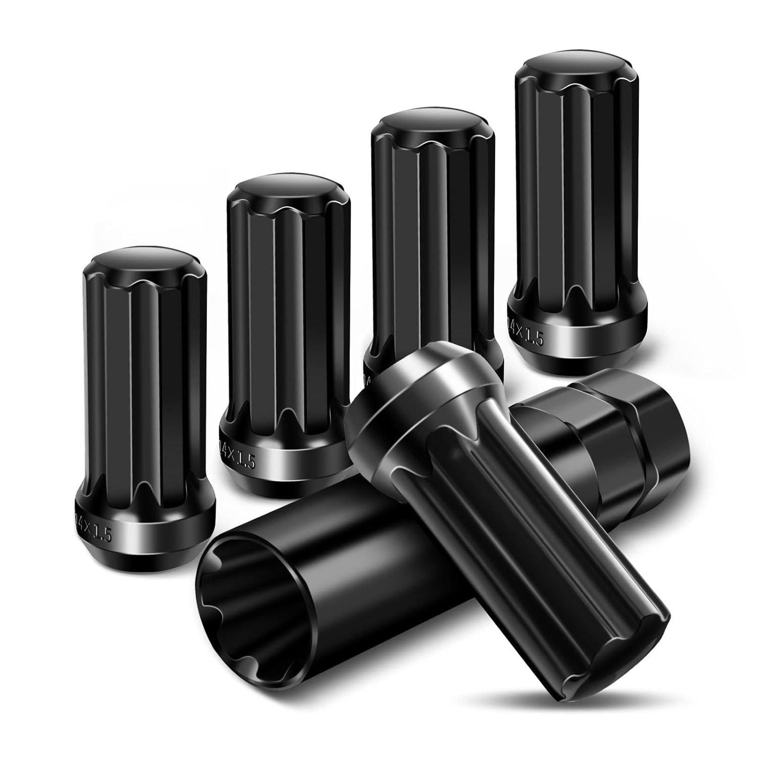 24pcs 14x1.5 Spline Lug Nuts, Aftermarket Wheel Lugnuts Set Compatible for Chevy Silverado GMC Sierra 1500 & Ford F150 & Dodge Ram 1500, Black Truck Nut Set Include 1 Socket Key for Fuel Wheel