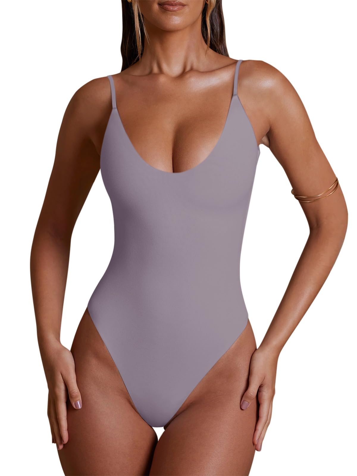 REORIAWomens Summer Sexy Deep Round Neck Double Lined Sleeveless Trendy Going Out Bodysuit Tank Tops