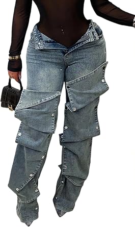 Tbahhir Womens High Waisted Y2K Baggy Cargo Jeans Distressed Wide Leg Denim Pants with Removable Patchwork Buttons Pockets
