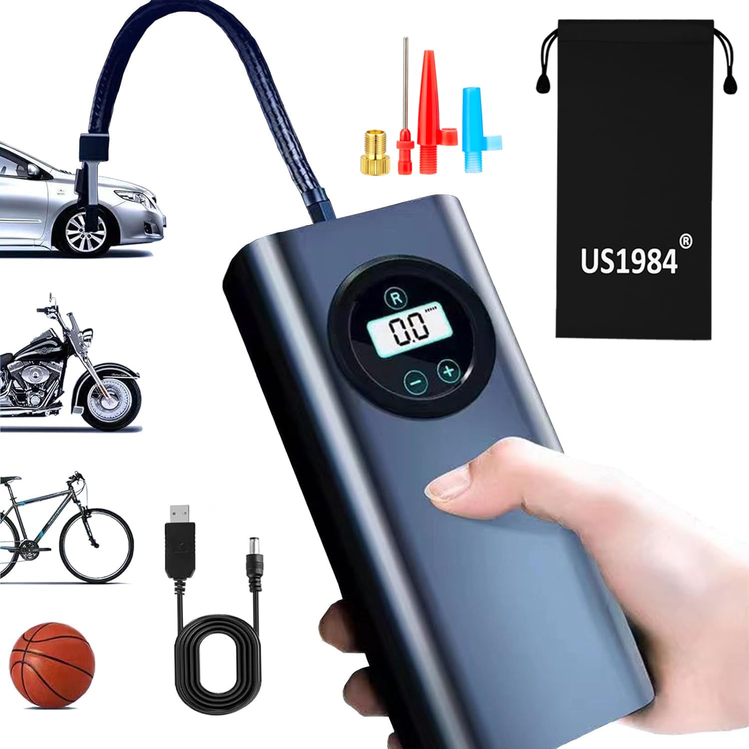 US1984 Car Tyre Inflator, Rechargeable Portable Air Compressor, 2X Fast Inflation, Cordless and Accurate Tire Pressure with Digital Display, 150PSI Auto Shut Off Air Pump for Car, Bike, Cycle, Ball