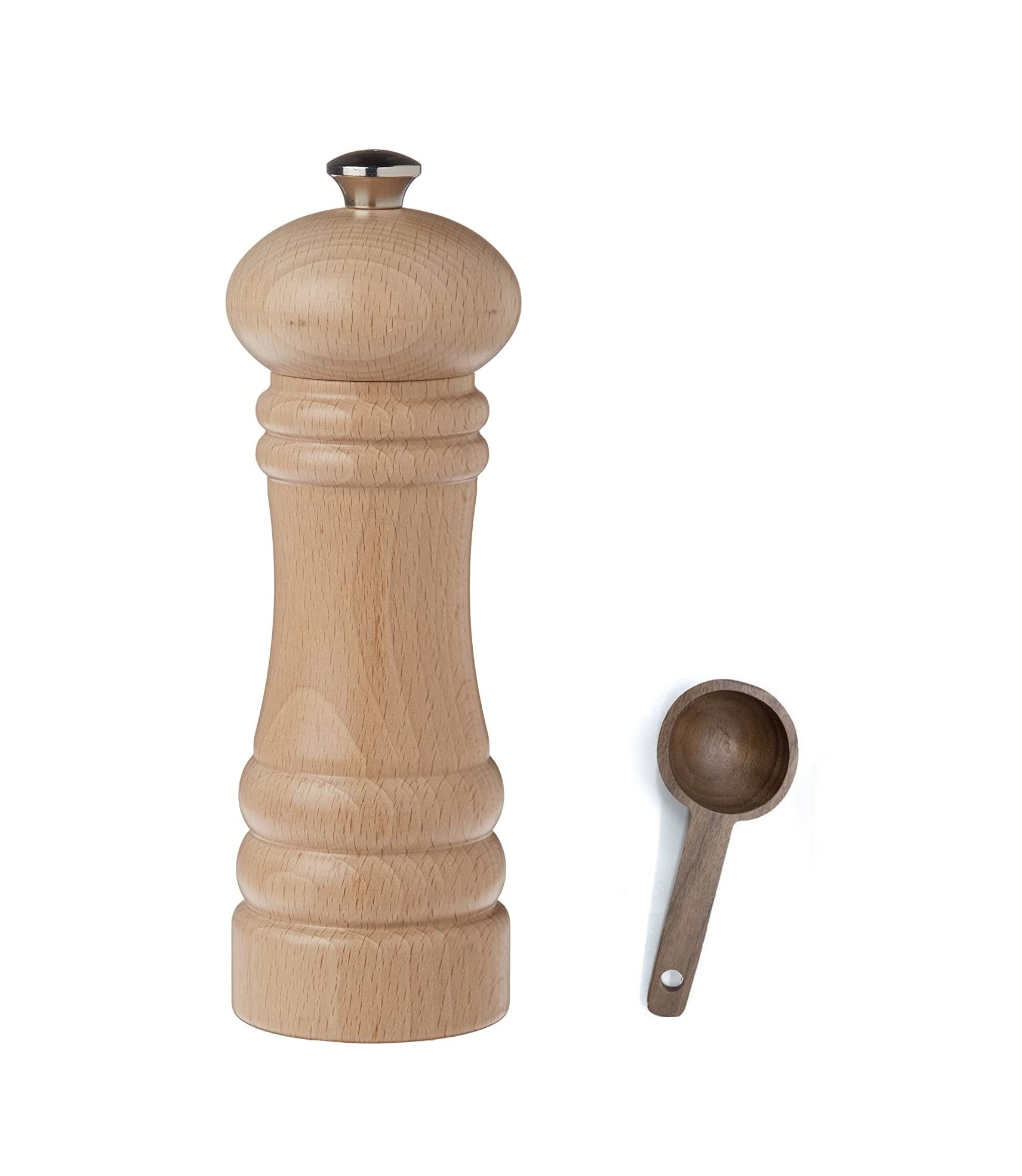 Zassenhaus Berlin Natural Wood Pepper Mill Gift Set, Refillable Grinder, 7.1 Inches - With Wooden Spice Scoop