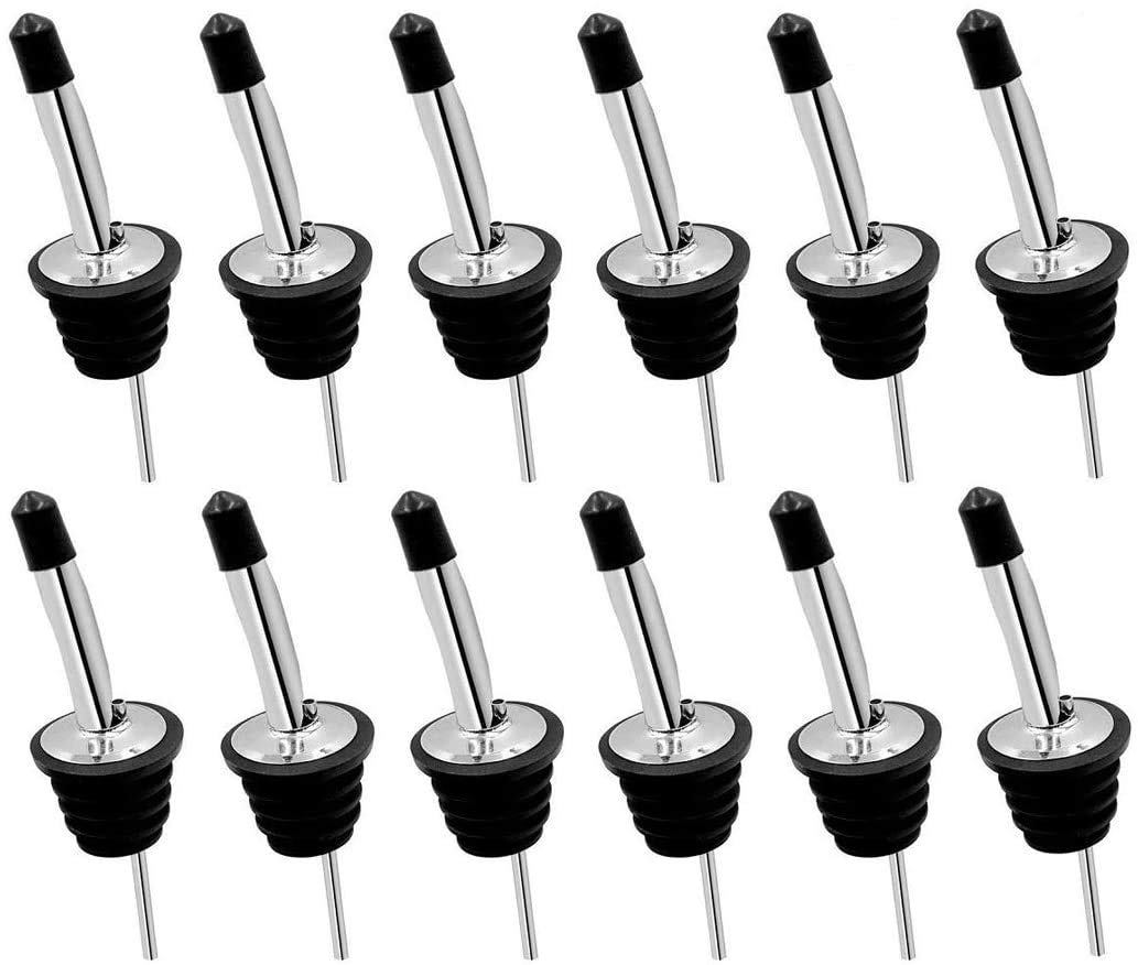 SANNOBEL Stainless Steel Wine Pourers Bottle Pourer Set, 12 Pcs - Silver and Black Conical Bottle Stopper Pourer for Liquors, Oils, Juices, Wines, Spirit Measure Cups