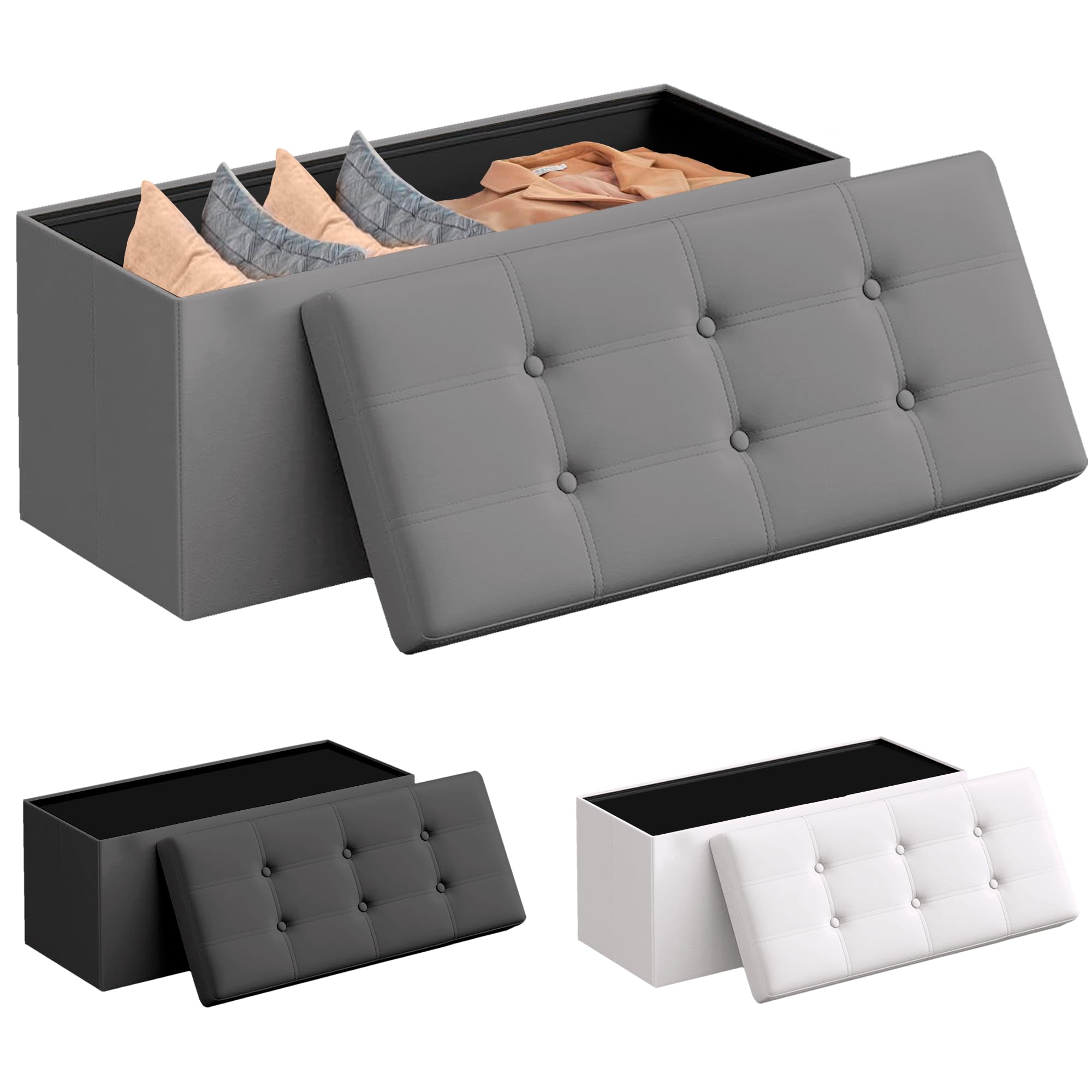 JUPPLIES Puff de Almacenaje 80 L, 76 x 38 x 38 cm - Baúl de Almacenamiento con Tapizado PVC, Plegable y Acolchado - Banco con Tapa Soporta 300 kg para Dormitorio, Salón o Vestidor - Gris