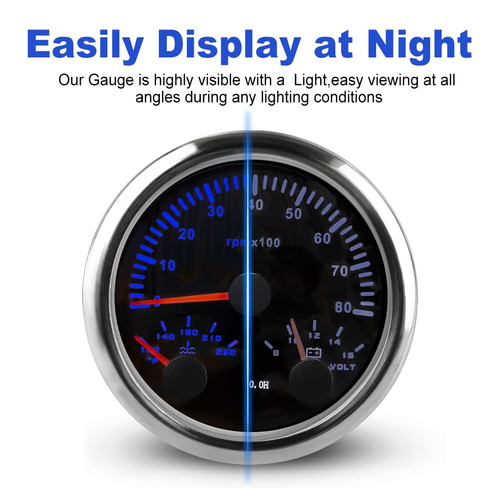 WATERWICH 3/8" 85mm 3in1 Tachometer RPM Voltmeter Water Temp Gauge 7 Color for Car Marine Truck Boat Vehicle SUV