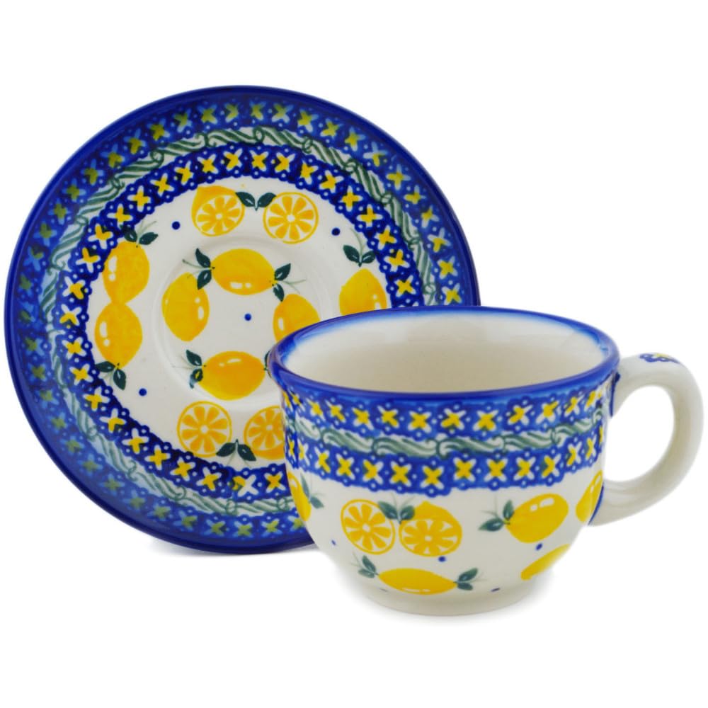 Authentic Polish Pottery Cup with Saucer in When Life Gives You Lemons Design Handmade in Boles?awiec Poland by Ceramika Bona + Certificate of Authenticity