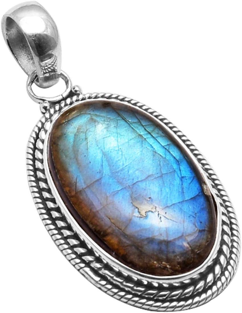 Natural Blue Fire Labradorite Gemstone 925 Sterling Silver Handmade Pendant For Women & Men