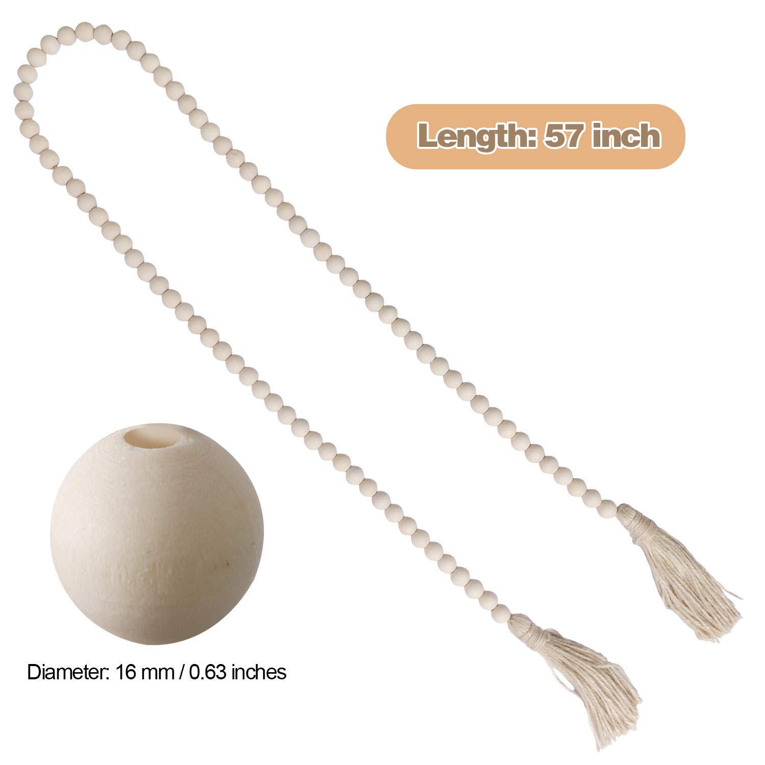ZOENHOU Lot de 5 guirlandes de perles en bois avec pompons - 145 cm - Décoration créative rustique pour maison de campagne - Décoration à suspendre au sapin de Noël