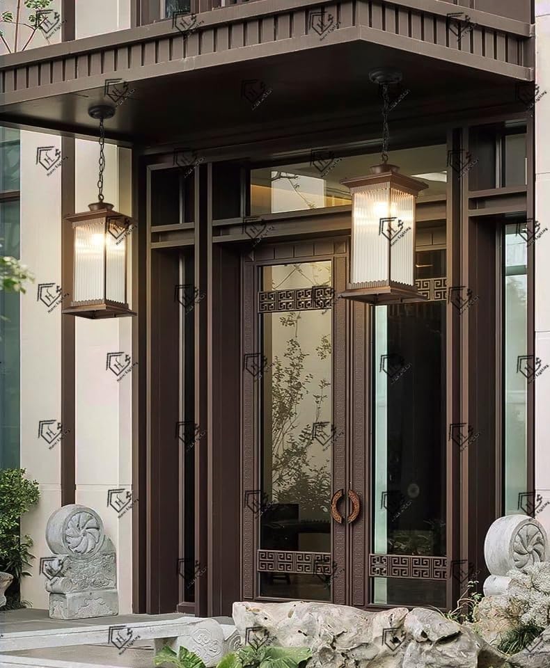 Image of Outdoor Wall Lantern Light, Black Finish, Ribbed Glass Shade and Black Hanging & Gate Light (Half Wall, 1) (Hanging LAMP, 2)