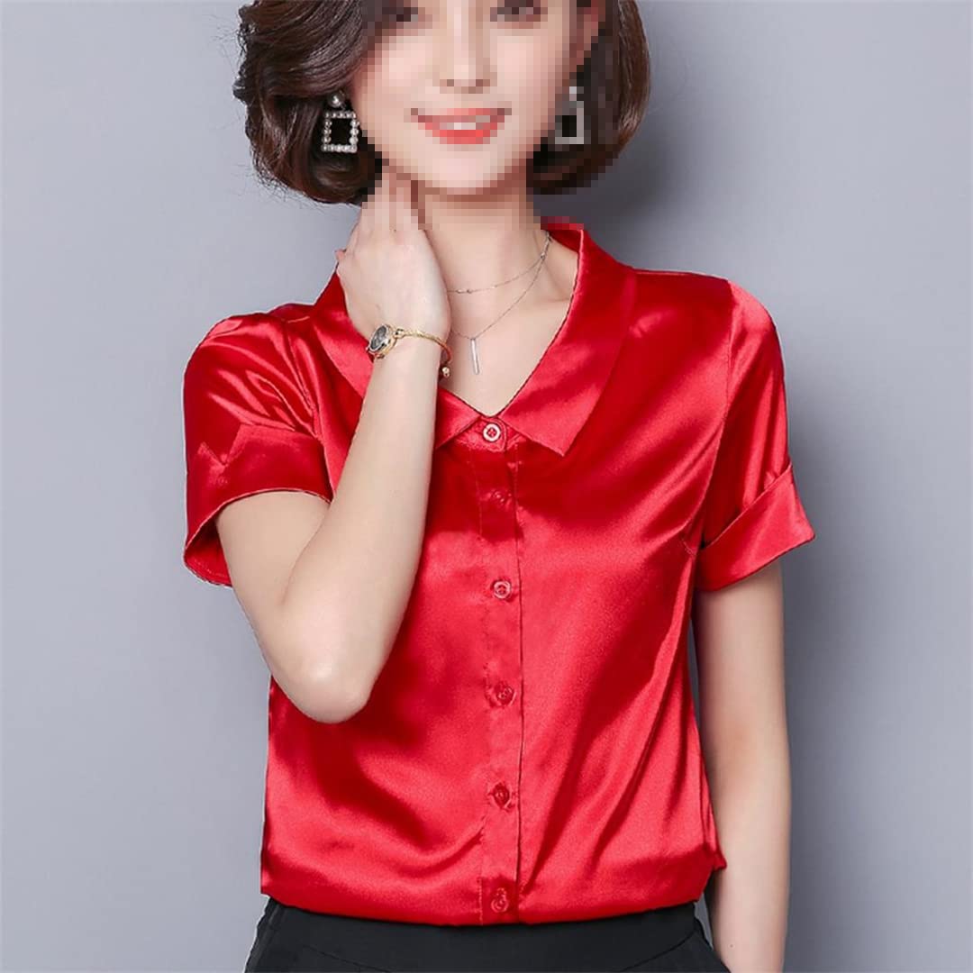 Camisa con Botones para Mujer, Manga Corta, Cuello en V, Blusa de Negocios para el Camisas de Seda Satinada