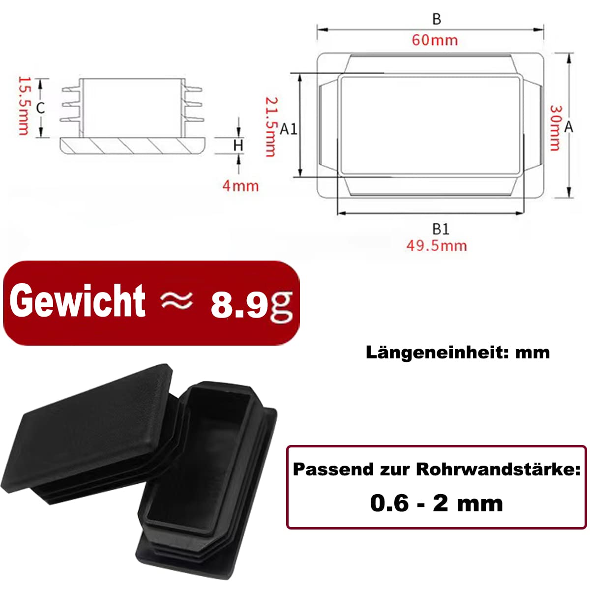 40 Tappi Per Tubi Rettangolari 40x30 Mm HJYZY - Plastica PE, Per Gambe Sedie, Mobili, Nero - Foto 2