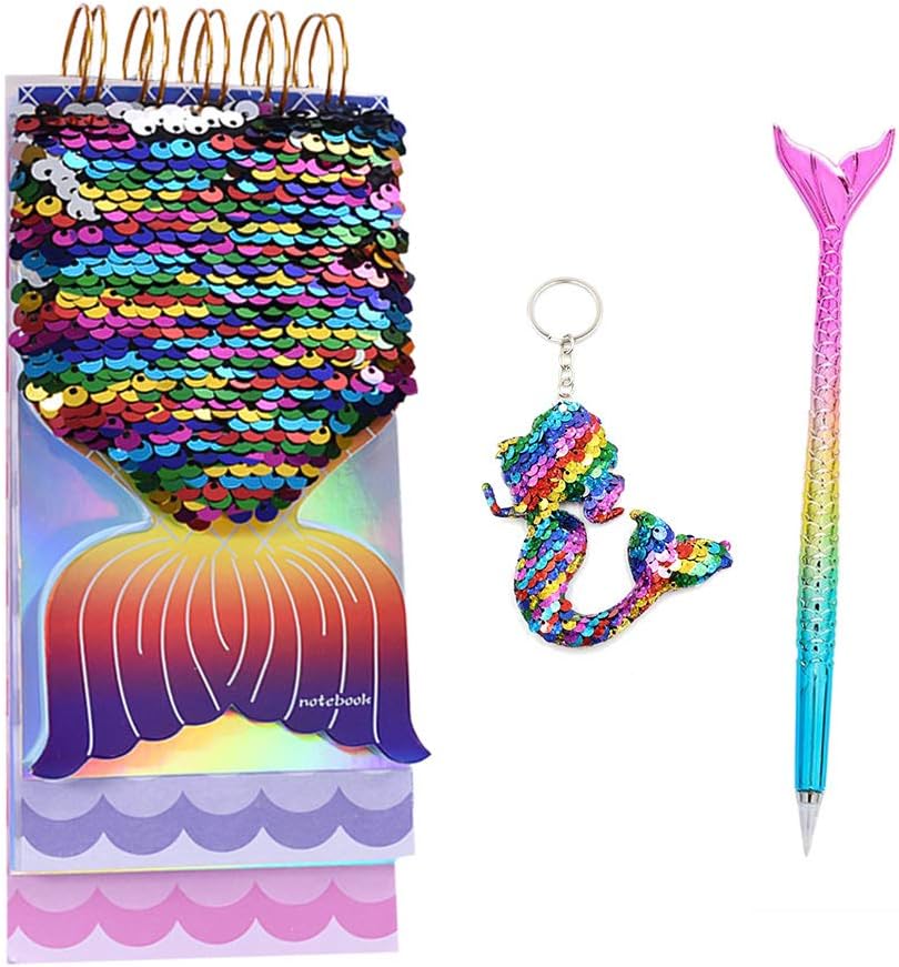 QearFun Spiral Notebook Mermaid Diary and Pen Set Flippy Sequin Journal Stationery Set Gifts with a Mermaid Sequin Keyring for Students Girls Women (Rainbow Mermaid)