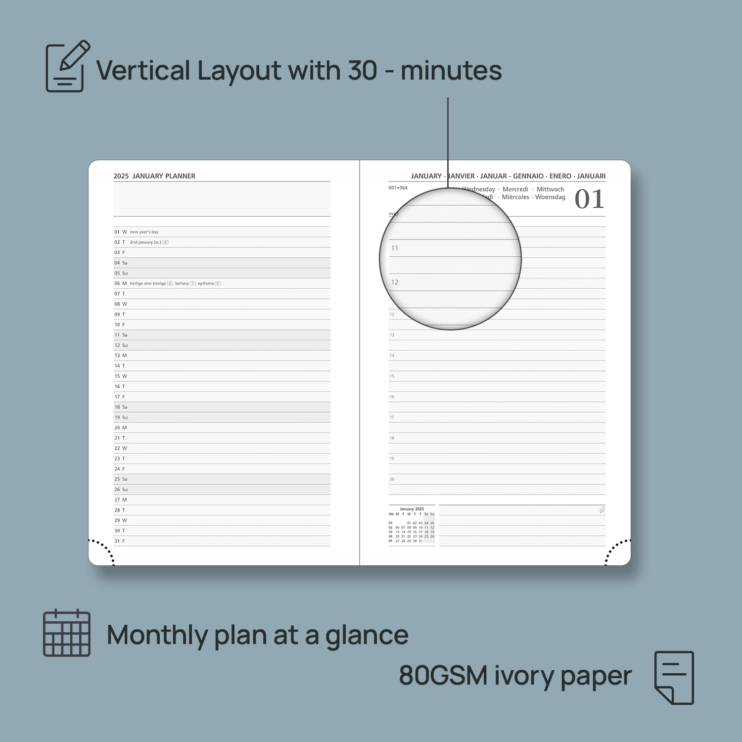 POPRUN Agenda 2025 Giornaliera, Copertina Rigida, 21,5 x 14,5 cm, 1 Giorno 1 Pagina con Intervallo Orario e Angoli a Strappo, Carta Spessa da 80 GSM, Blu Foschia