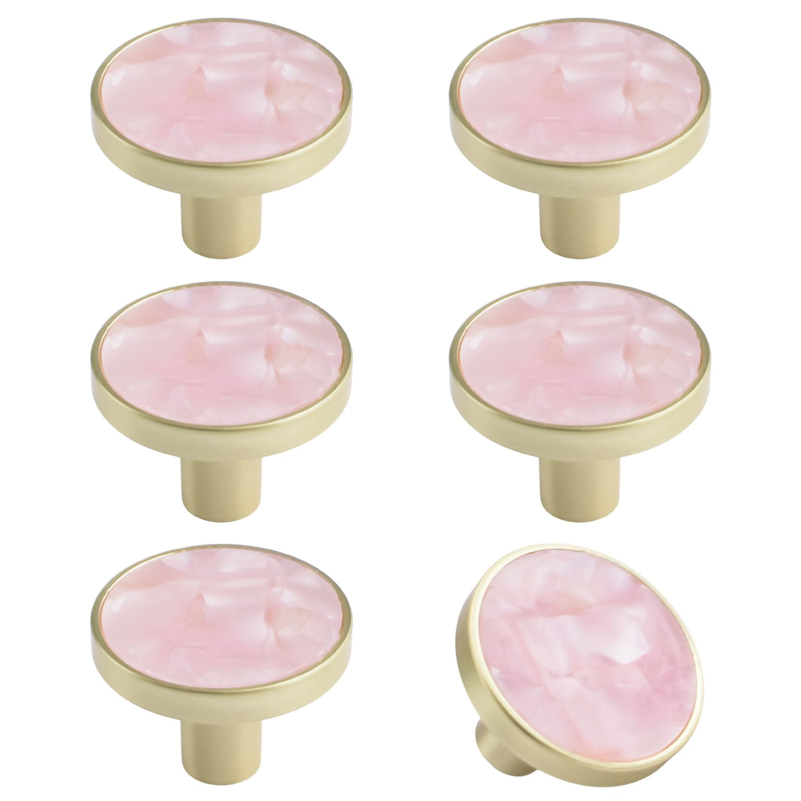 MOROBOR Round Cabinet Handle, 6 Pcs Creative Drawer Pulls Multifunctional Single Hole Zinc Alloy Knobs for Dresser Wardrobe Door Furniture Accessories/Gold Base with Pink Surface — image 1