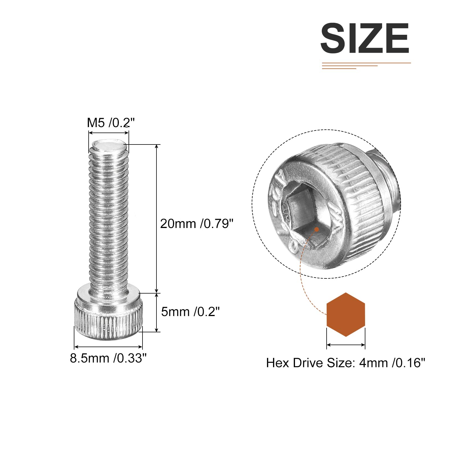 DTGN M5x20mm Socket Head Cap Screws Bolts, 50Pcs 304 Stainless Steel 18-8, Metric Machine Hex Socket Screw, Hex Drive - Image 2