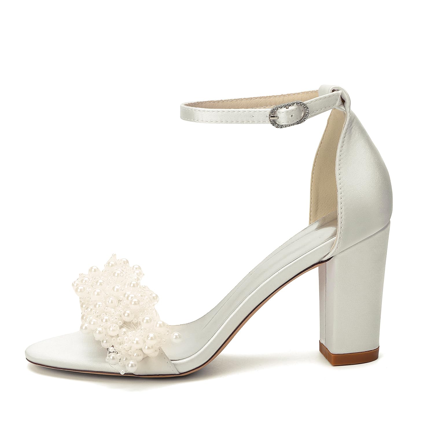 Grappoli di Perle Sandali in Raso per Donna, Tacco Largo 8,5cm, Scarpe da Sposa Romantiche ed Eleganti con Cinturino alla Caviglia per Matrimonio