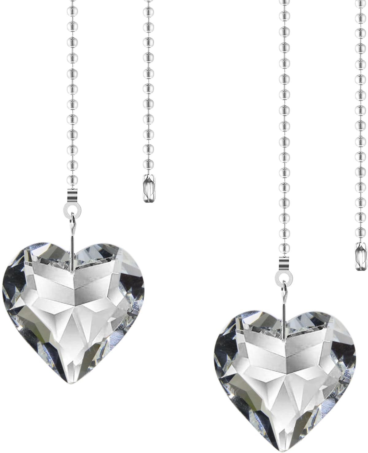 Ceiling Fan Pull Chain Extender - 2 Pack 12 Inches Decorative Crystal Heart Prism Pendants with Ball Chain Connectors for Fan Light Chains (Replacement Pull Chains) (Clear)