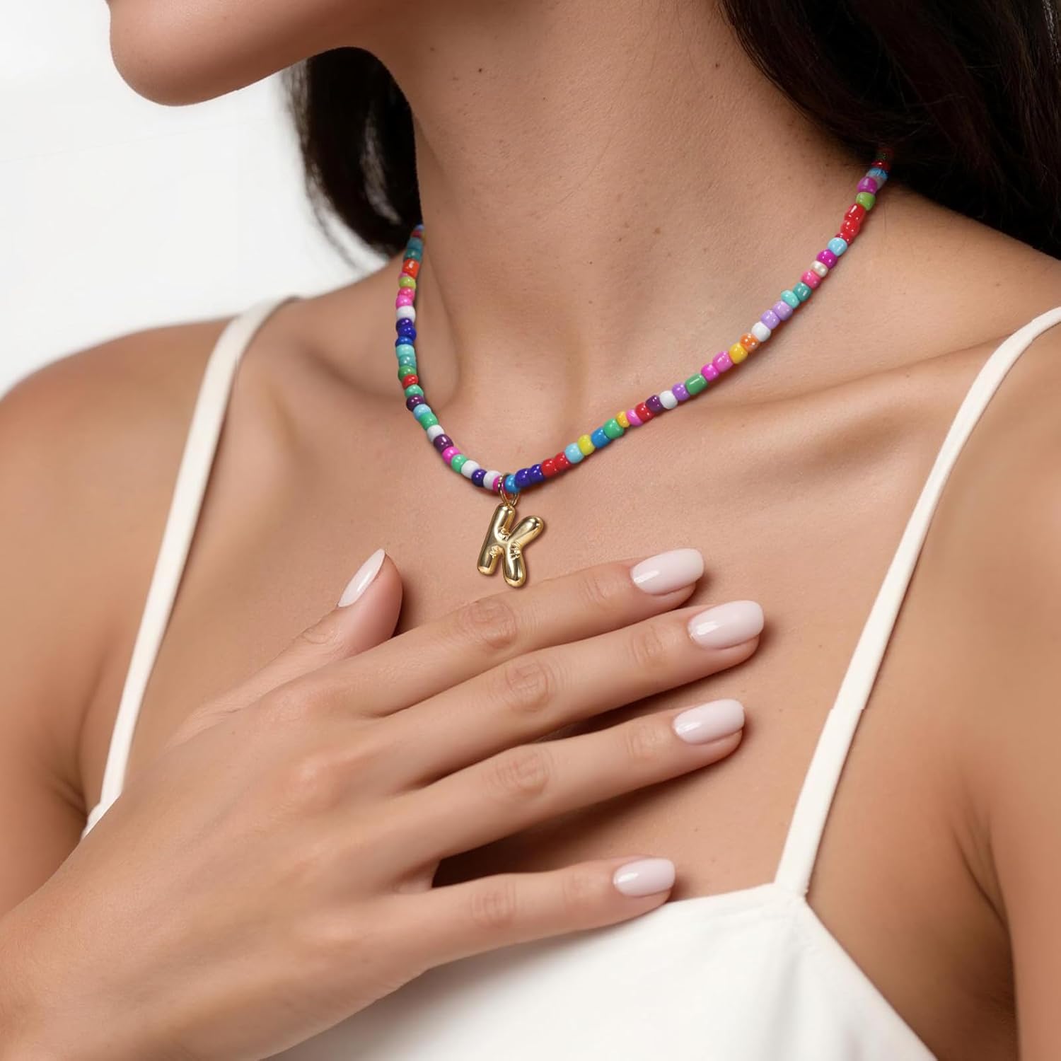 Colorful Initial Necklaces for Women – Bubble Letter Necklace - 14K Gold Plated Letter Beaded Choker, Dainty Cute Beach Boho Necklaces for Women Adjustable Beach Jewelry Gift Colorful Necklace - Image 3