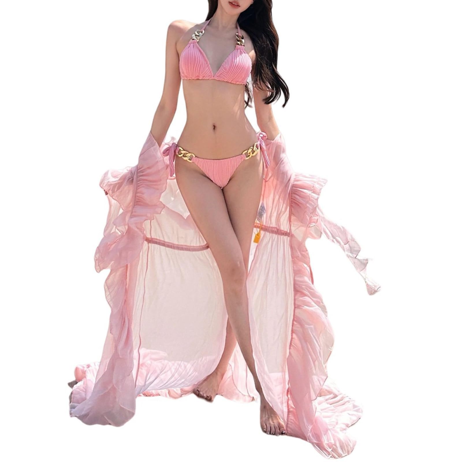 Costume da Bagno da Donna In 3 Pezzi - Bikini Sexy con Plissettatura Lacci e Copricostume In Rete Trasparente
