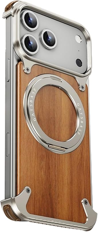 Wooden Metal Frameless Case for iPhone 17 Pro Max, with 360 Ring Stand, Compatible with MagSafe, Ultra Thin Shockproof Protective Cover Natural Titanium,iPhone 17 Pro