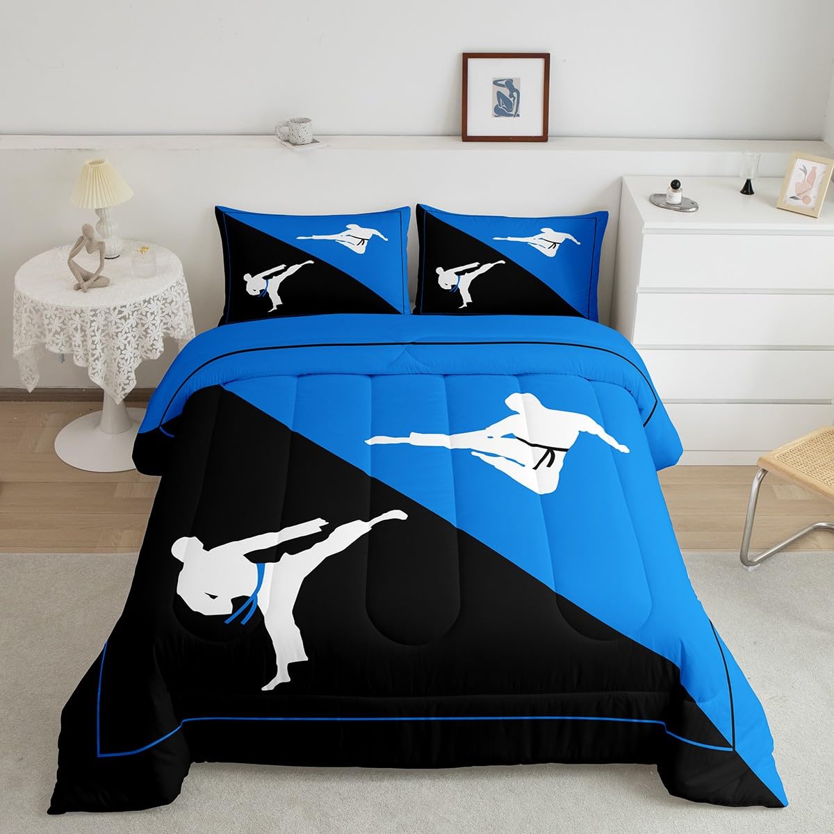 Castle Fairy Taekwondo Comforter Set,Japanese Style Bedding Set for Kids Girls Women,Adults Kungfu Comforter,Black and Blue Quilted Duvet Set Bedroom Collection Twin Size 2Pcs