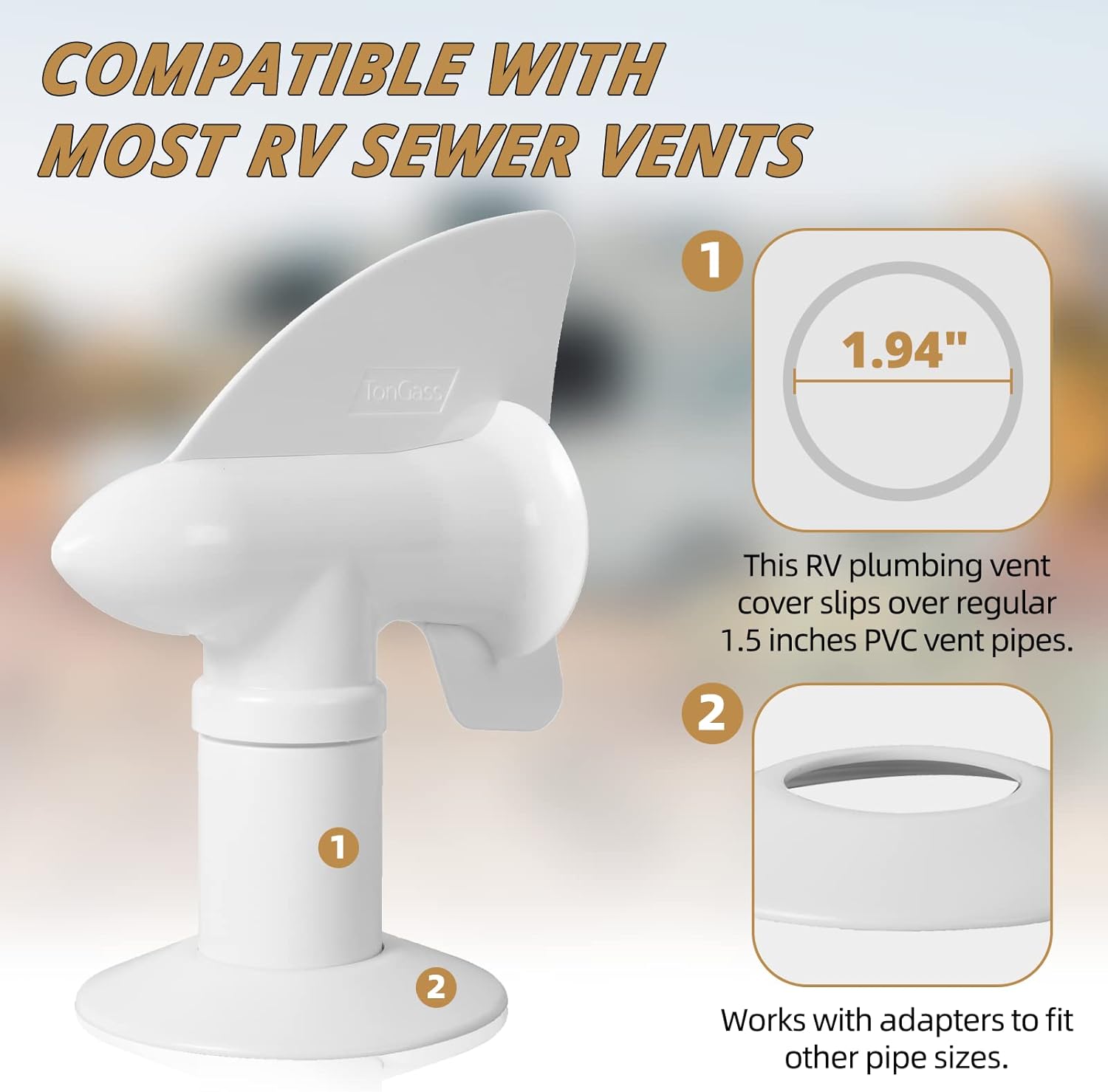 (Combo Pack) RV Sewer Hose Fitting Adapter to PVC and RV Rotating Sewer Plumbing Vent Cover for RV