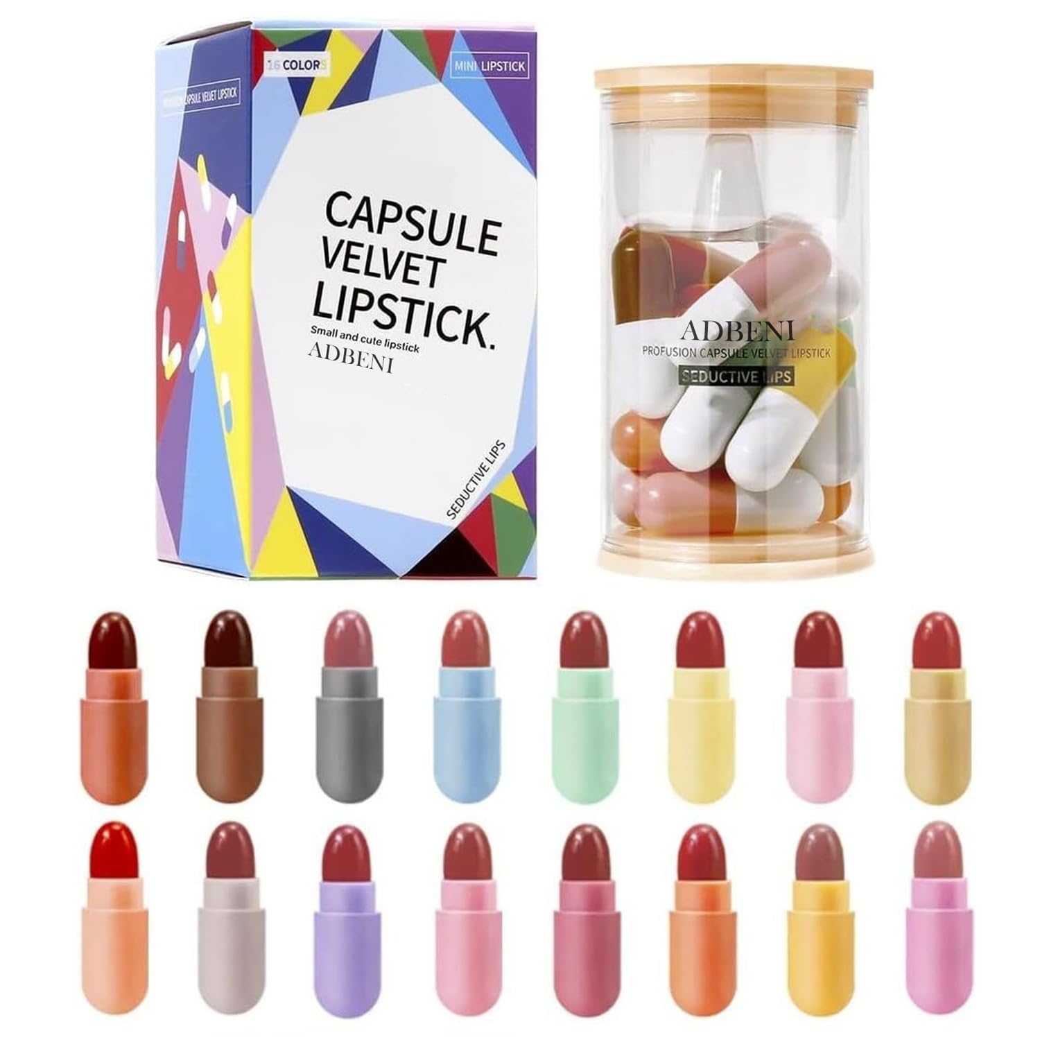 Adbeni Imported 16pcs Matte Capsule Lipstick Set | Long Lasting Waterproof Velvet Lipsticks for Women | Mini Lipstick Gift Set with Nude, Red, Pink Shades | Travel Size Makeup Kit-image-33