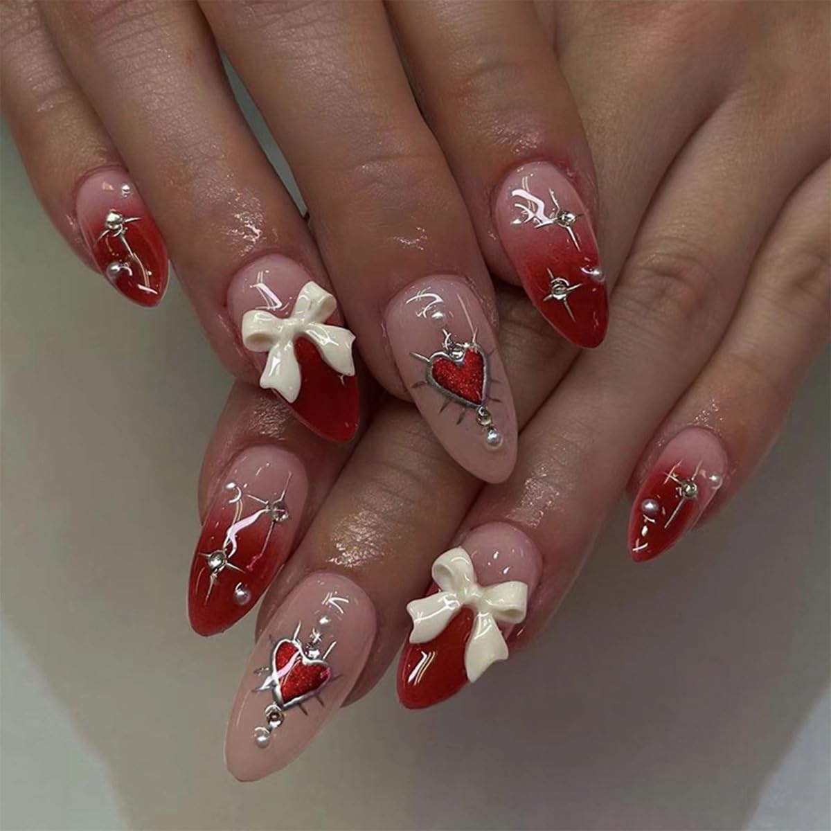 Red Press on Nails Short Almond Fake Nails 3D Bow False Nails with Designs Heart Rhinestones Acrylic Nails Glossy Full Cover Glue on Nails Cute