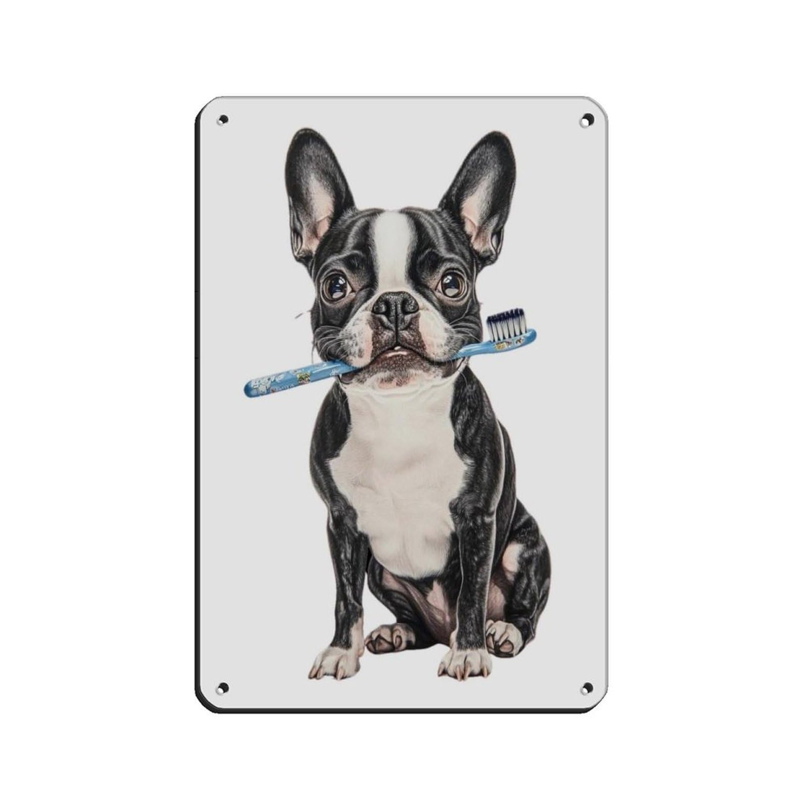 Boston Terrier Dog Bathroom Dog Holding Toothbrush Tin Sign Vintage Metal Pub Club Cafe Bar Home Wall Art Decoration Poster Retro 8x12inch(20x30cm)