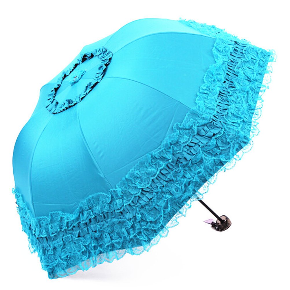 Maibar Women's Blue Sun Umbrella Upf 50 Lace Folding Umbrellas Parasols Waterproof 8 Ribs Umbrella For Lady In Summer (Blue)