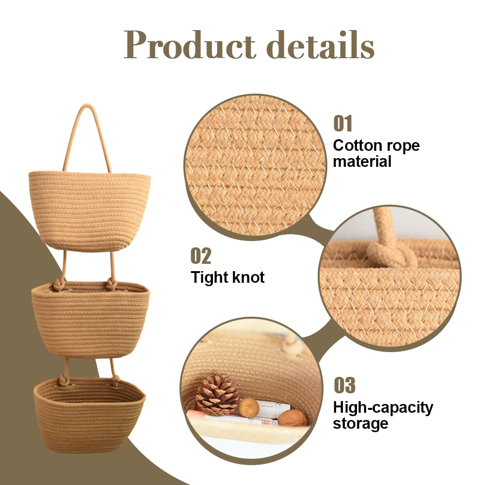 Over The Door Organizer Hanging Basket, 3-Tier Fabric Wall Mounted Hanging Organizers Small Woven Baskets Pouches for Bathroom Bedroom Playroom - Image 3