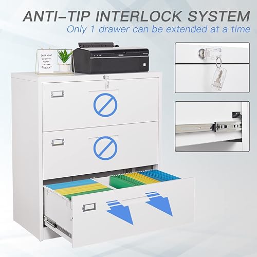 Miniatura 4 de Yizosh Armario de almacenamiento de archivos de oficina con cierre de metal blanco de 3 cajones con cajones, organizador lateral para cartaslegalF4A4