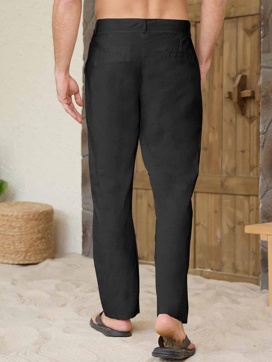 Yutdeng Pantalones Largos Verano Hombre Pantalón Lino Ligeros Casual Pantalon Verano Hombre Largo con Bolsillos Yoga Playa Algodon y Lino Pantalones Anchos Cintura Elástico con Cordón