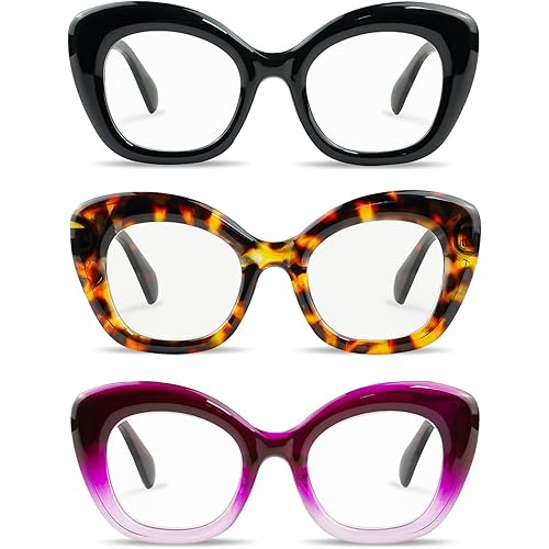 Cat Eye Reading Glasses for Women 3 Pack Oprah Style Oversized Fashion Computer Readers with Spring Hinge