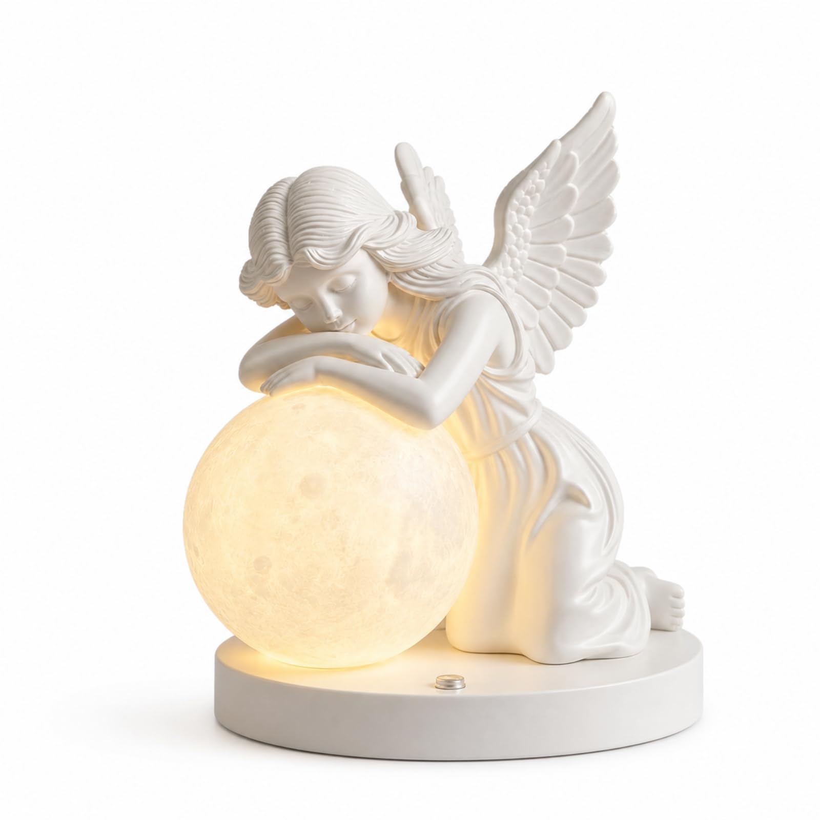Colcolo Lampada da Comodino Notturna Angelo Luce Notturna Lampada da Tavolo Luce d'Atmosfera in Resina con Finitura Bianca E Globo Sferico Caldo Adatta per