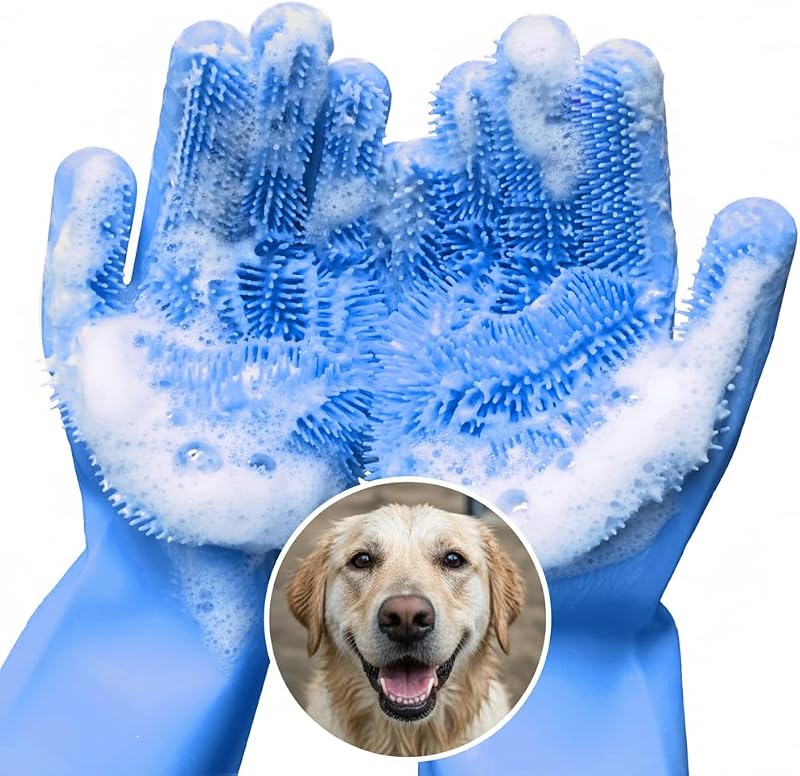 Guantes de champú para perros y gatos 2 en 1 con 3000 cerdas de silicona suave (azul) | Guantes de baño para perros de 11,6"para masajes, aseo y limpieza en húmedo o seco; ahorra champú; para cada raza y estilo de pelaje; tamaño universal