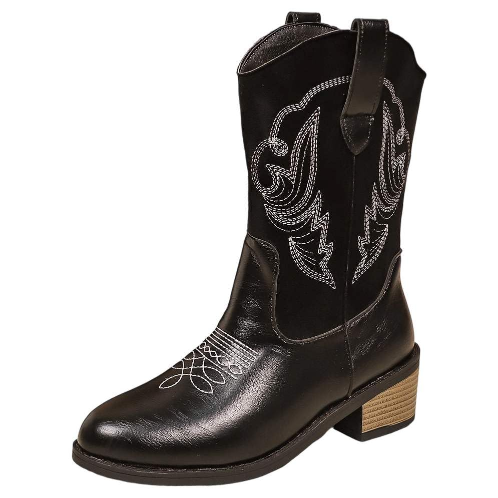 Womens Embroidered Western Cowboy Boots Classic Embroidered Western Boots Slip Resistant Square Toe Chunky Heel Ankle Boots Durable