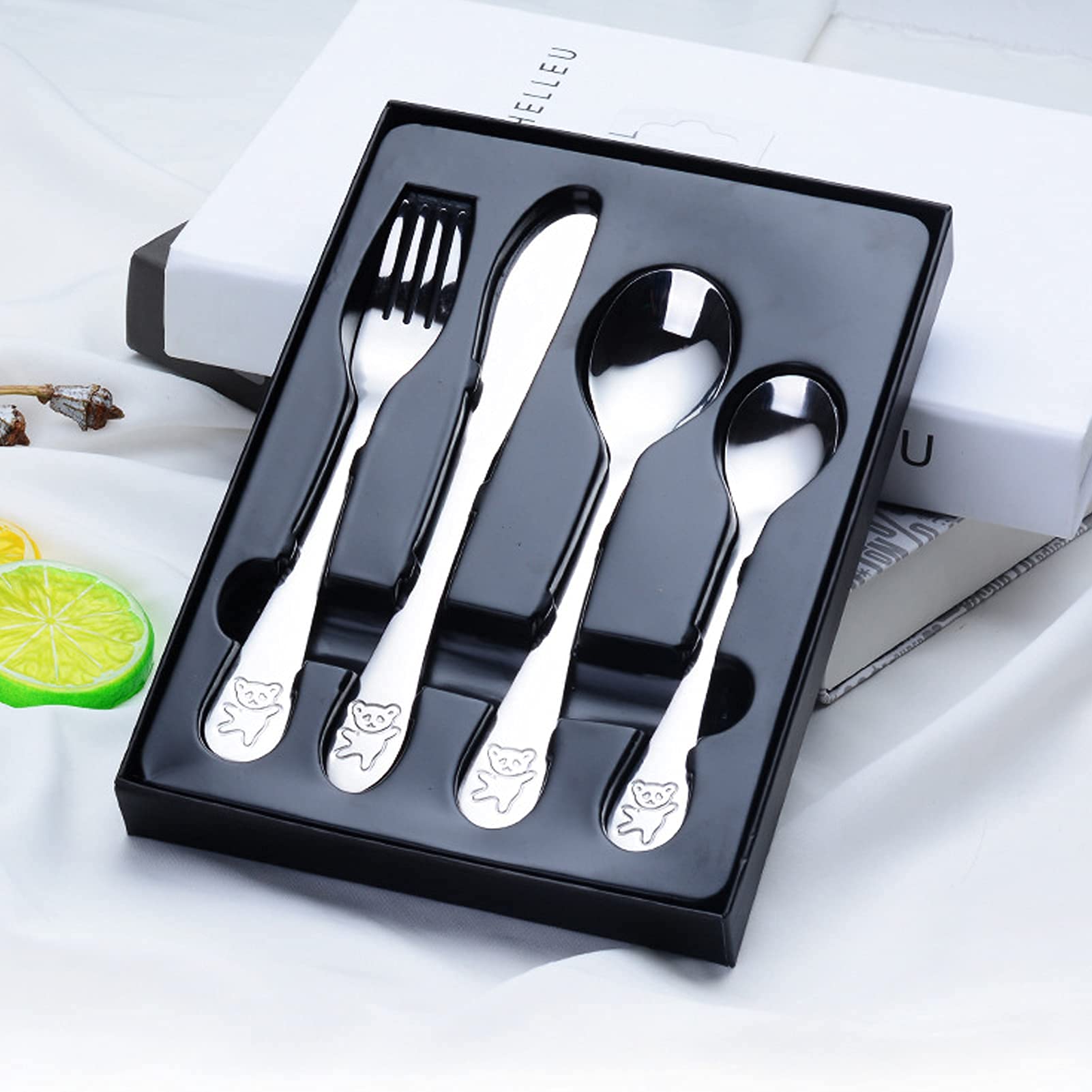 Besteck Besteck 4er Set für Kinder, mit süßem Bärengriff, Edelstahl Geschirr, Geschirr inkl. Messer Gabel Löffel für Kindergarten, Hotel, Restaurant, neues Haus