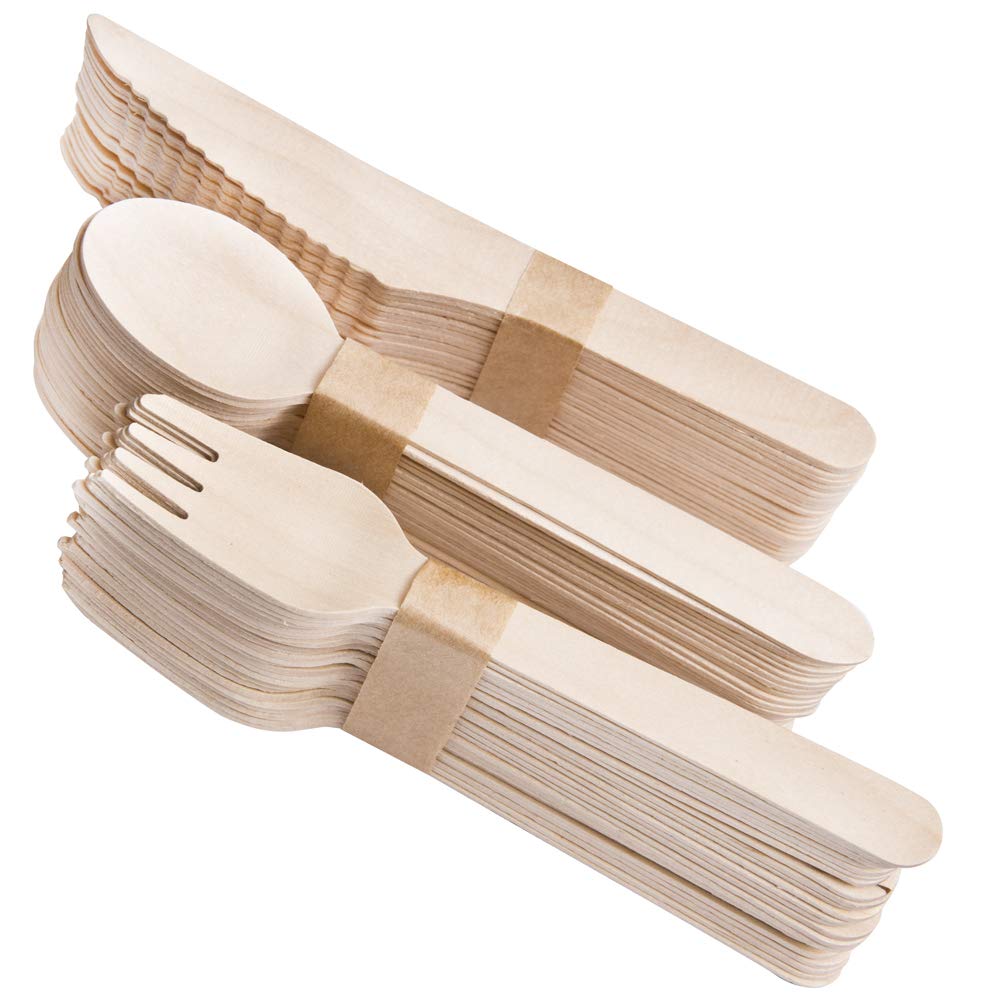 Set di 150 posate usa e getta in legno, biodegradabili, ecologiche, per barbecue, picnic, feste, 50 forchette, 50 cucchiai, 50 coltelli