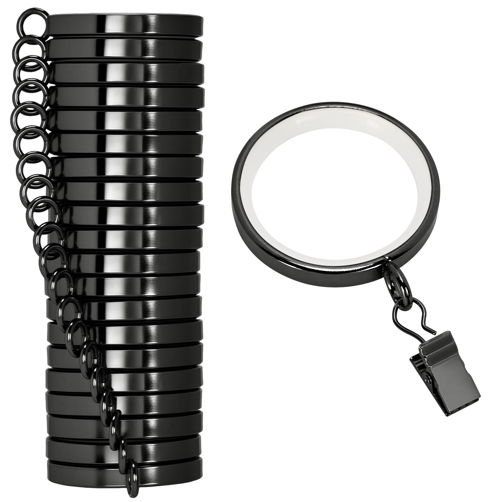 Photo 1 of 20 Pack Premium Easy Glide Curtain Rings with Clips, Metal Drapery Rings with Silent Nylon Inserts, 2 inch Diameter (1-5/8 inch Inside Diameter) Satin Black Curtain Rod Clips & Rings for Windows