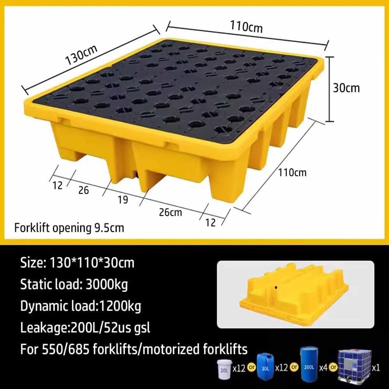 Bac de rétention d'huile en polypropylène durable avec orifice de drainage, 130 x 110 x 30 cm - Idéal pour un nettoyage facile dans les laboratoires et les solutions de stockage industrielle
