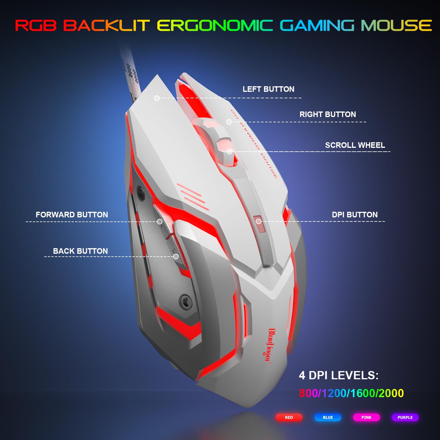 BlueFinger Tastiera da gioco RGB e mouse retroilluminato e combinazione, tastiera retroilluminata con cavo USB, set di mouse da gioco a LED, cuffie con microfono per computer portatile, PC, giochi e