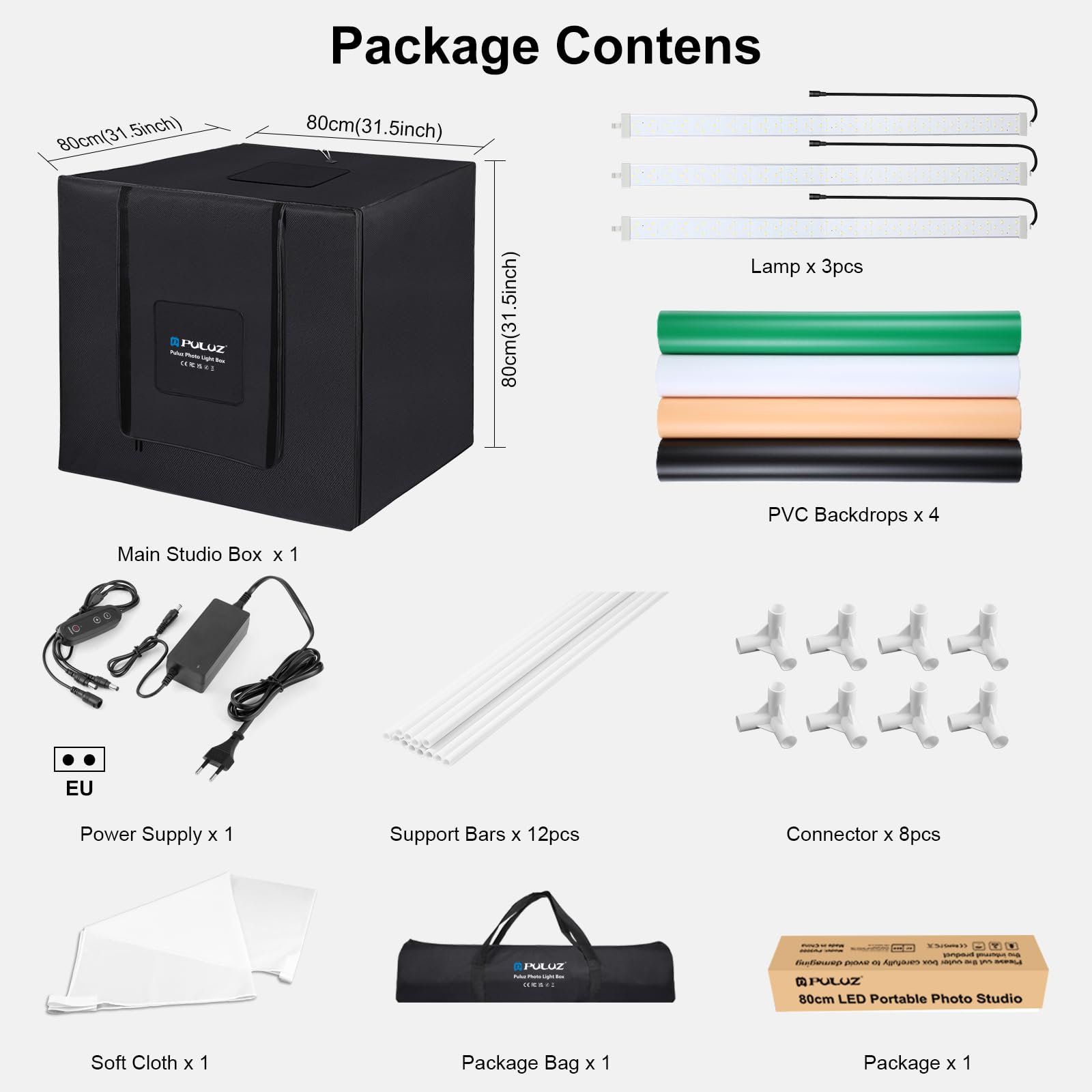 PULUZ Boîte de studio photo professionnelle 80 x 80 cm avec 3 bandes lumineuses LED mobiles et à intensité variable (90 W, 5600 K), 4 arrière-plans en PVC et sac de transport – Tente lumineuse pour