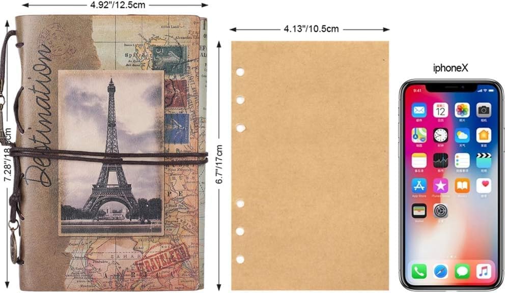 Image of Vintage Refillable Journal, Premium Leather Traveler Notebook Sketchbooks Classic Diary Planner with Blank Pages and Zipper Pocket (Leather Journal-Paris Tower)