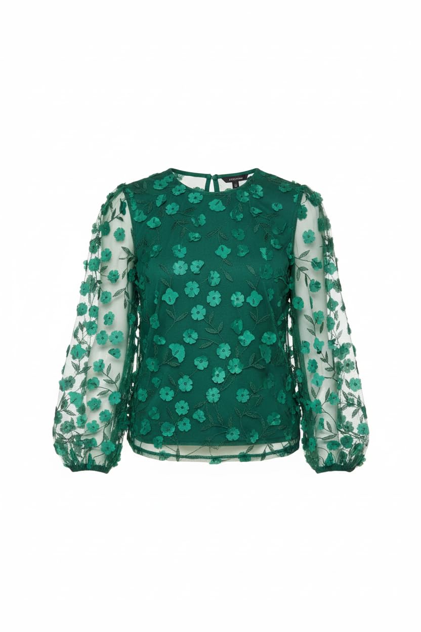 Yumi Women's Green Sheer Sleeve Applique Flower Top Size 10