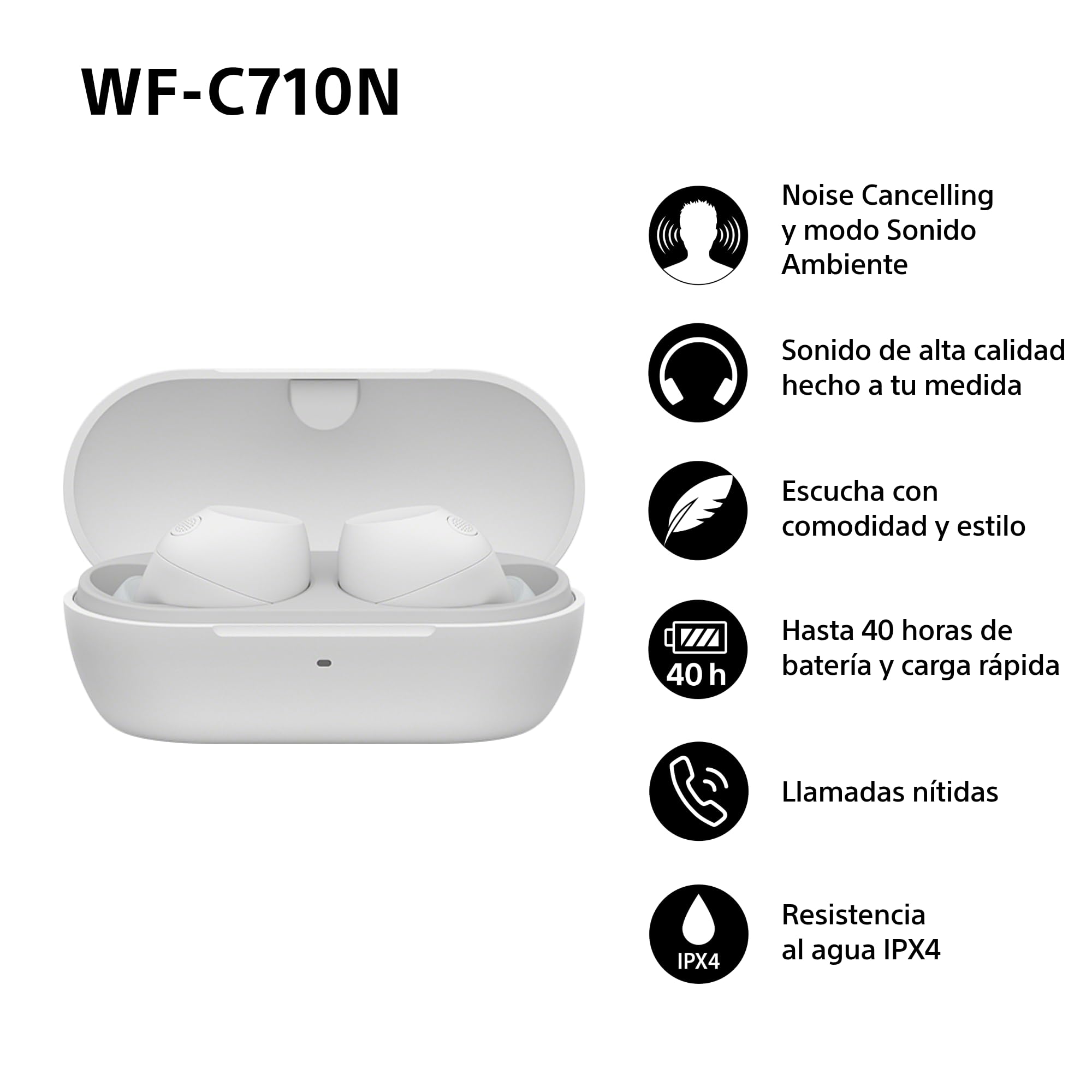 Sony WF-C710N Auriculares True Wireless con cancelación de Ruido Avanzada, Calidad de Llamadas con IA, Multipunto, IPX4, Batería hasta 40 Horas, iOS y Android, Blanco (Último Modelo)
